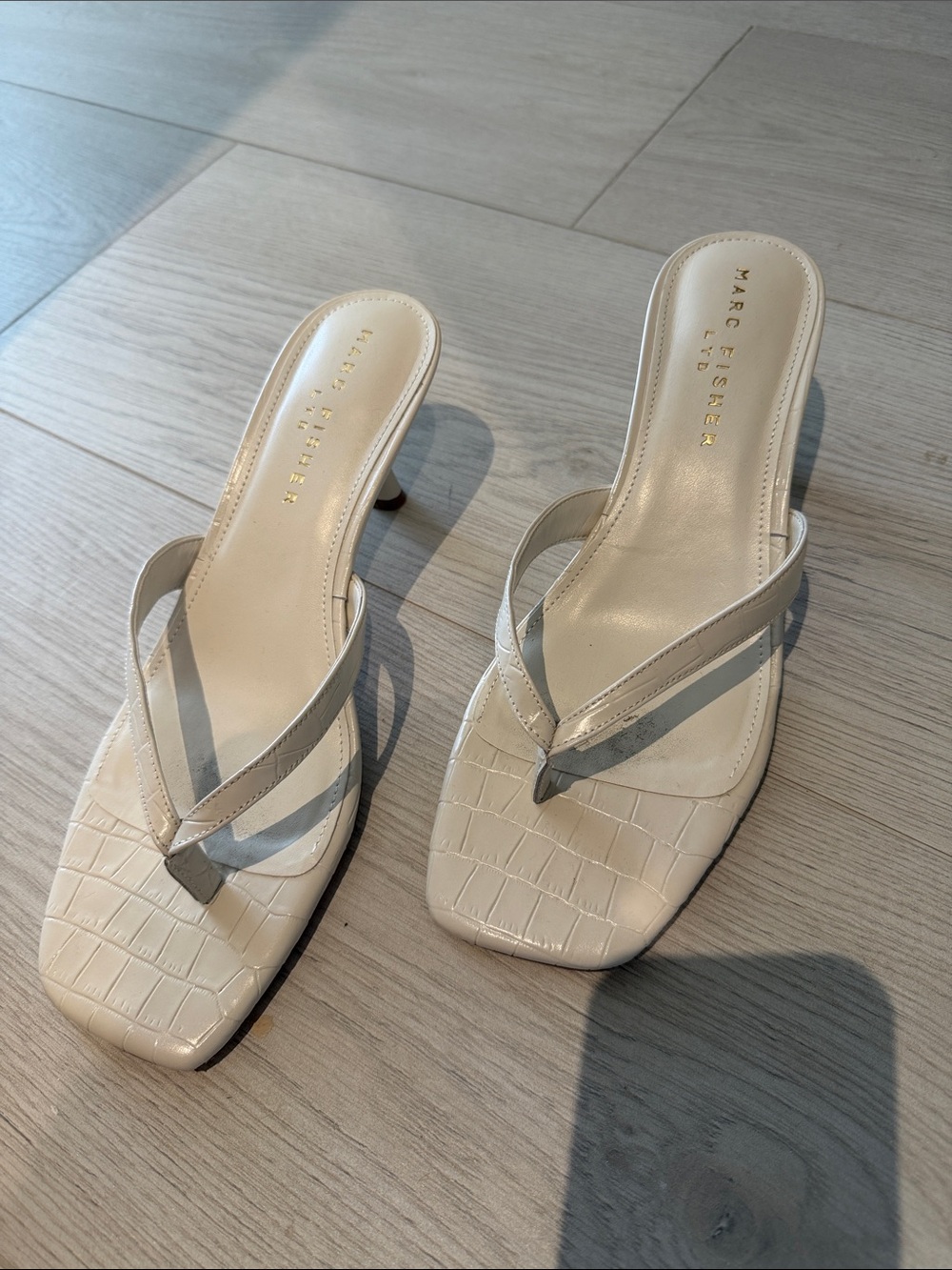 Marc Fisher Cream Croc-Embossed Kitten Heel Mules
